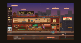 Last Call: a pixel-art cutaway of a corner bar with a rooftop party at dusk