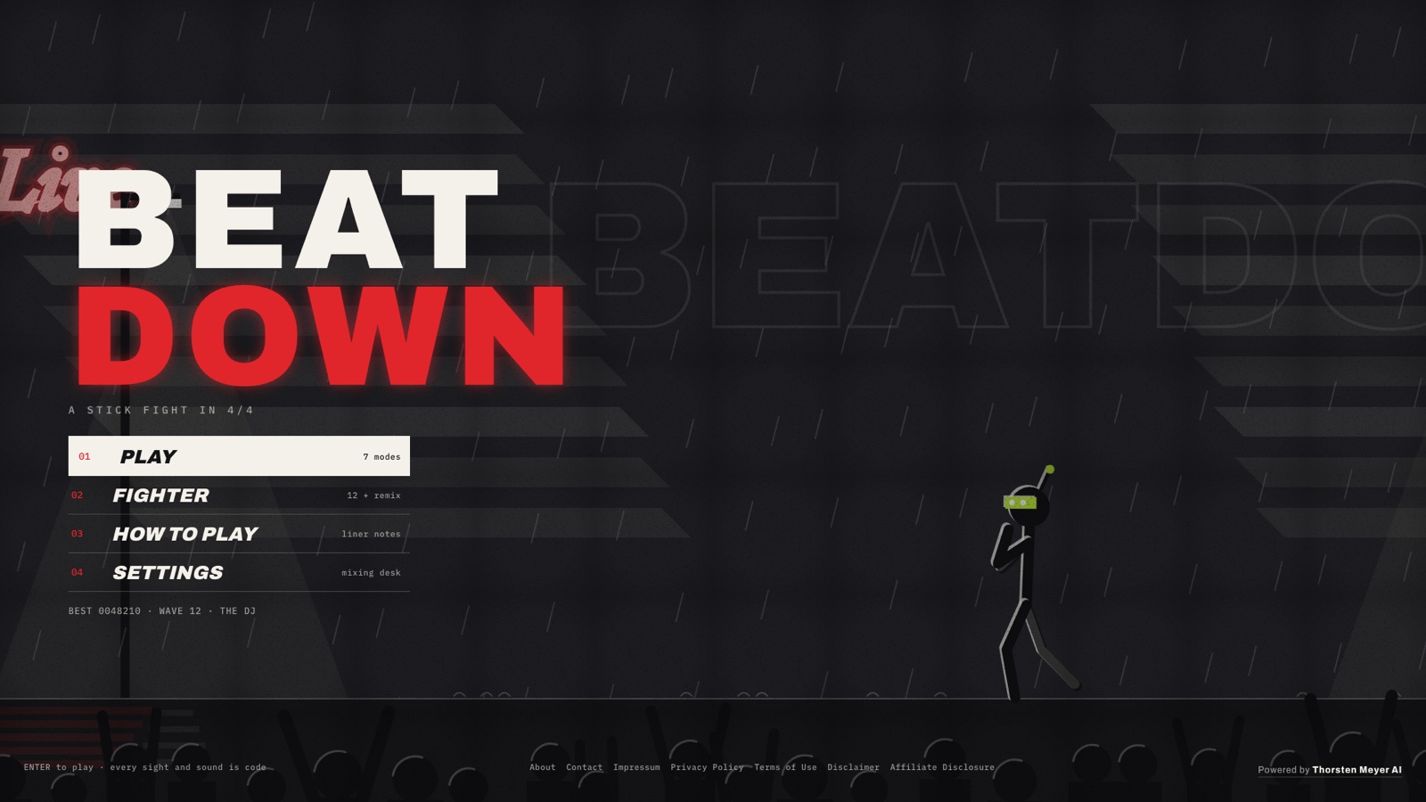 BEATDOWN title in film-noir style, a stick-figure producer silhouetted against rain and a red neon sign