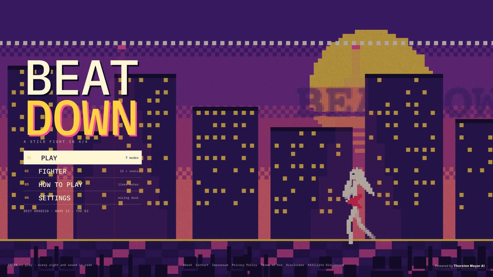 BEATDOWN title in 8-bit pixel art with a stick-figure guitarist on an arcade stage