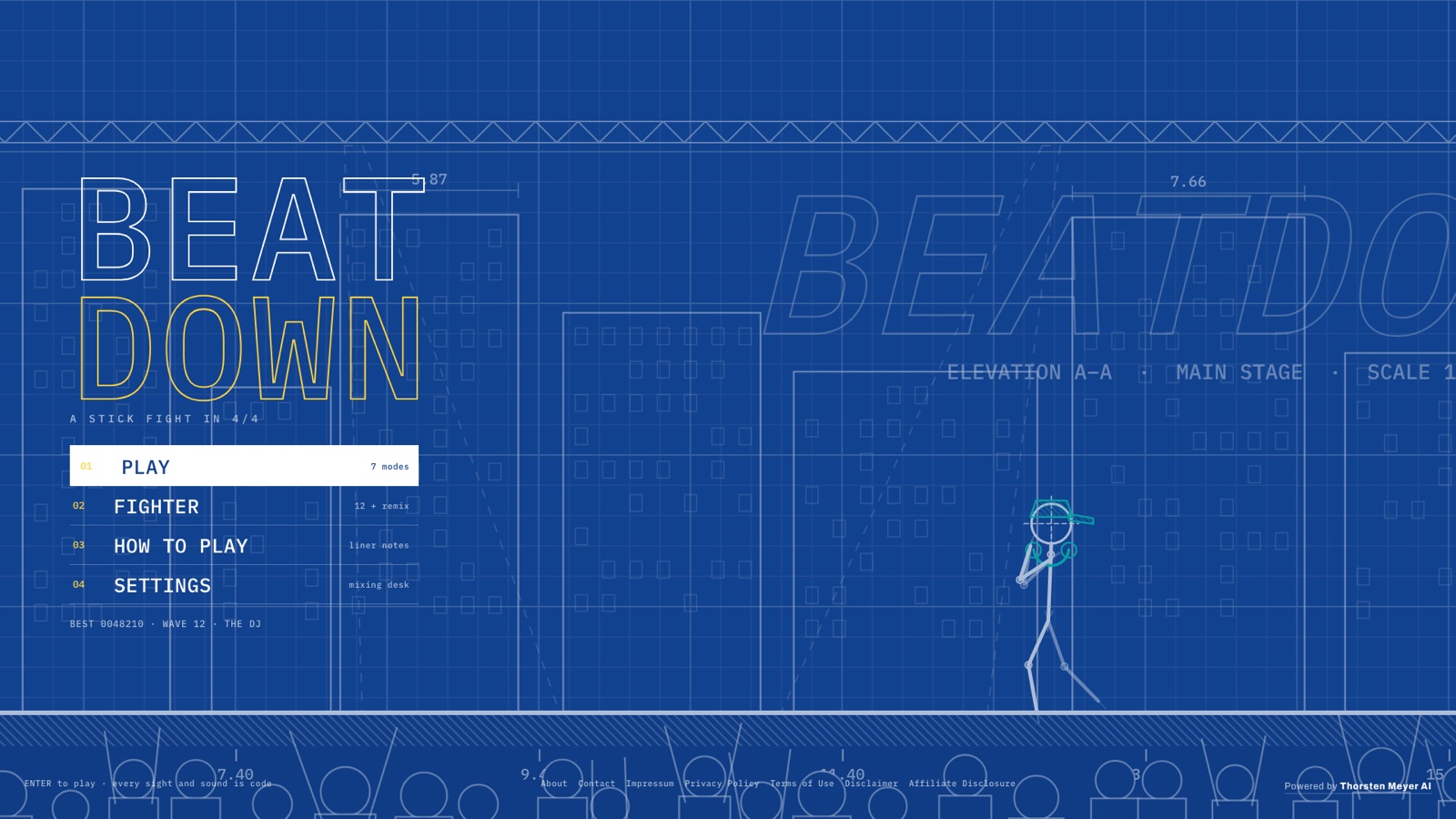 BEATDOWN title as a technical blueprint drawing with a stick-figure beatboxer on grid paper