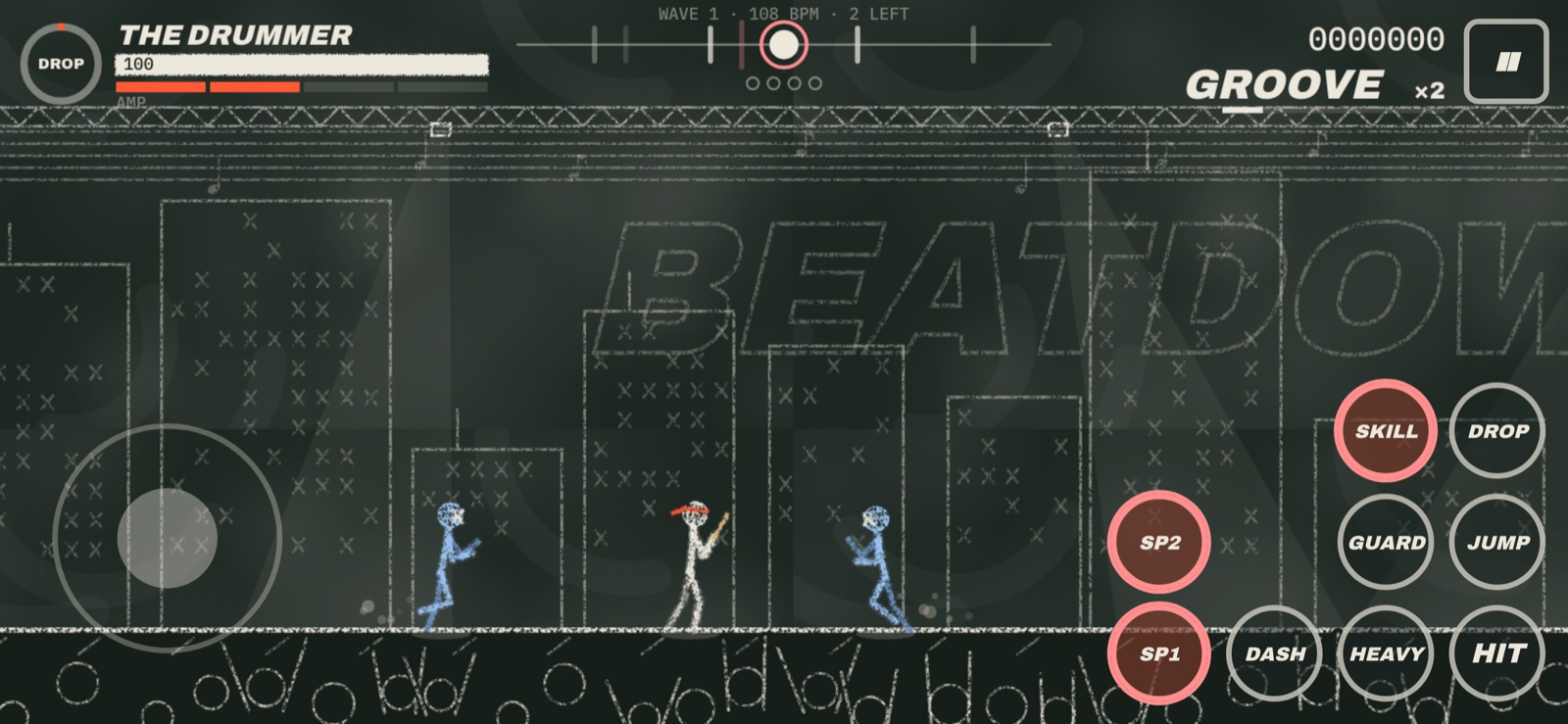 Game on a phone in landscape with virtual thumbstick and round action buttons