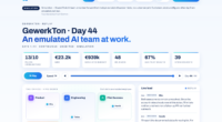 Simulated replay of the AI Company Emulator at day 44: dashboard with pilots, MRR, simulated budget and releases, the office map of emulated AI employees and the live decision feed